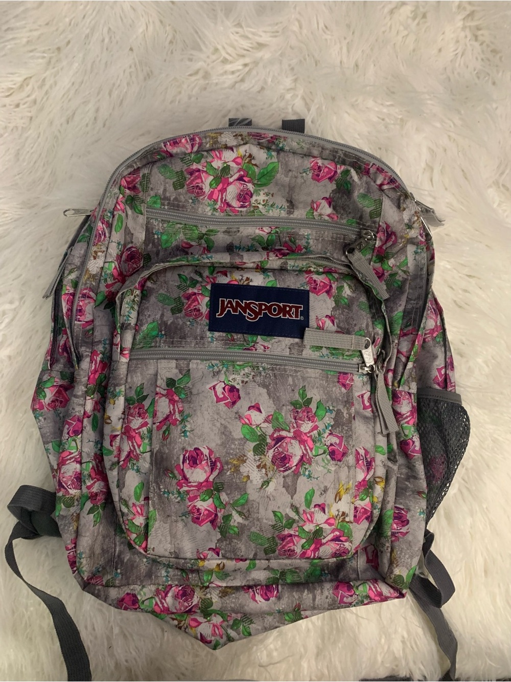 Jansport Gray Backpack with Pink Rose Floral Print
